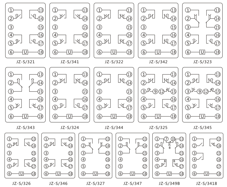 JZ-S/345靜態(tài)可調(diào)延時(shí)中間繼電器內(nèi)部接線圖及外引接線圖 JZ-S/345靜態(tài)可調(diào)延時(shí)中間繼電器內(nèi)部接線圖及外引接線圖